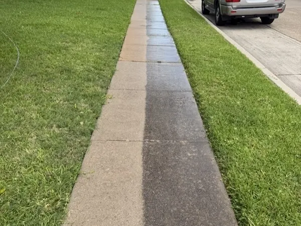 Long walkway mid-clean, half cleaned to show the difference