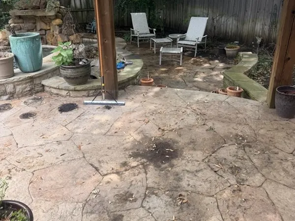 Stamped-concrete back patio, before cleaning